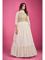 Myra White Chinon Silk Embroidered Gown - Distacart