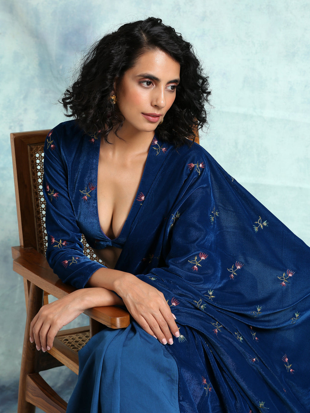 trueBrowns Blue Embroidered Velvet Blouse
