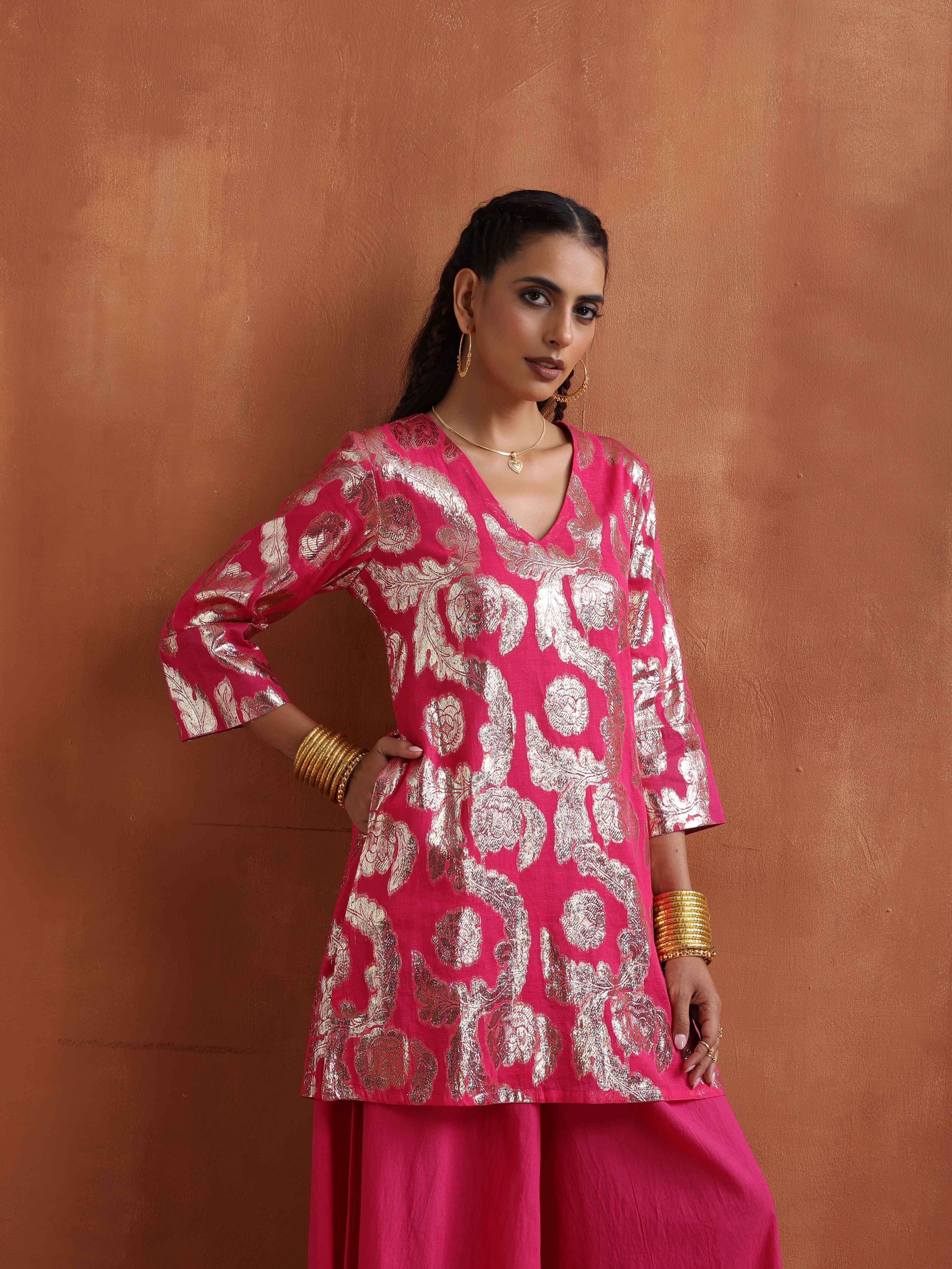 trueBrowns Pink Metallic Sharara Set - Distacart