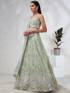 House of Panchhi Lime Green Chiffon Sequins And Thread Embroidery Lehenga Choli & Dupatta