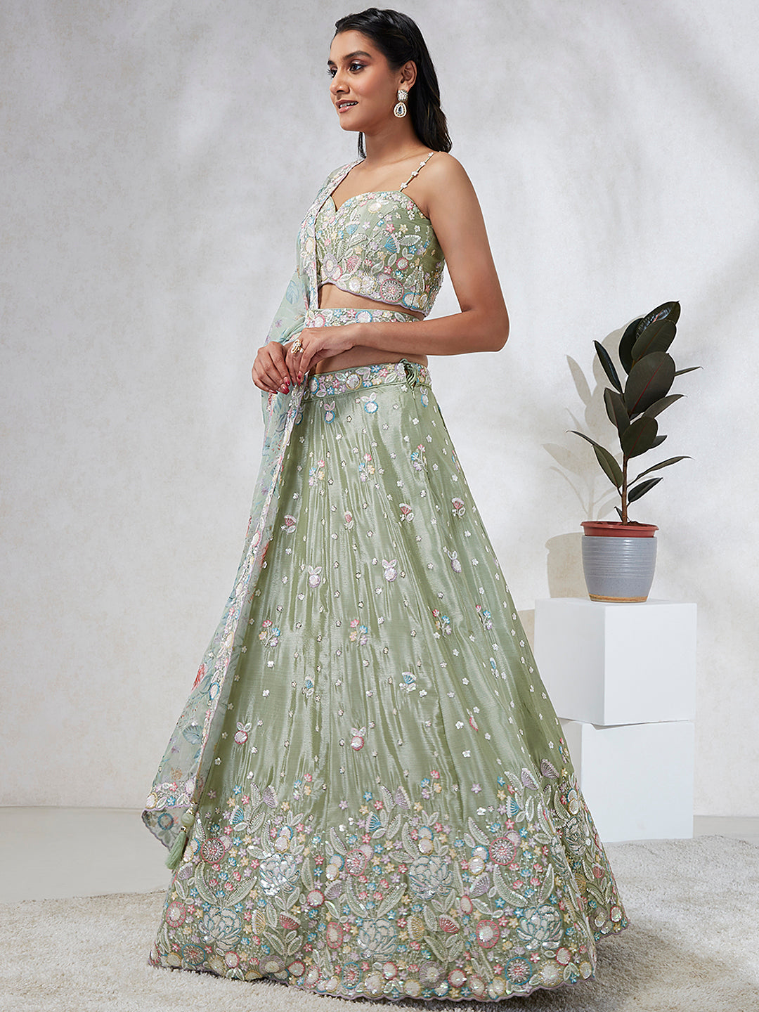 House of Panchhi Lime Green Chiffon Sequins And Thread Embroidery Lehenga Choli & Dupatta
