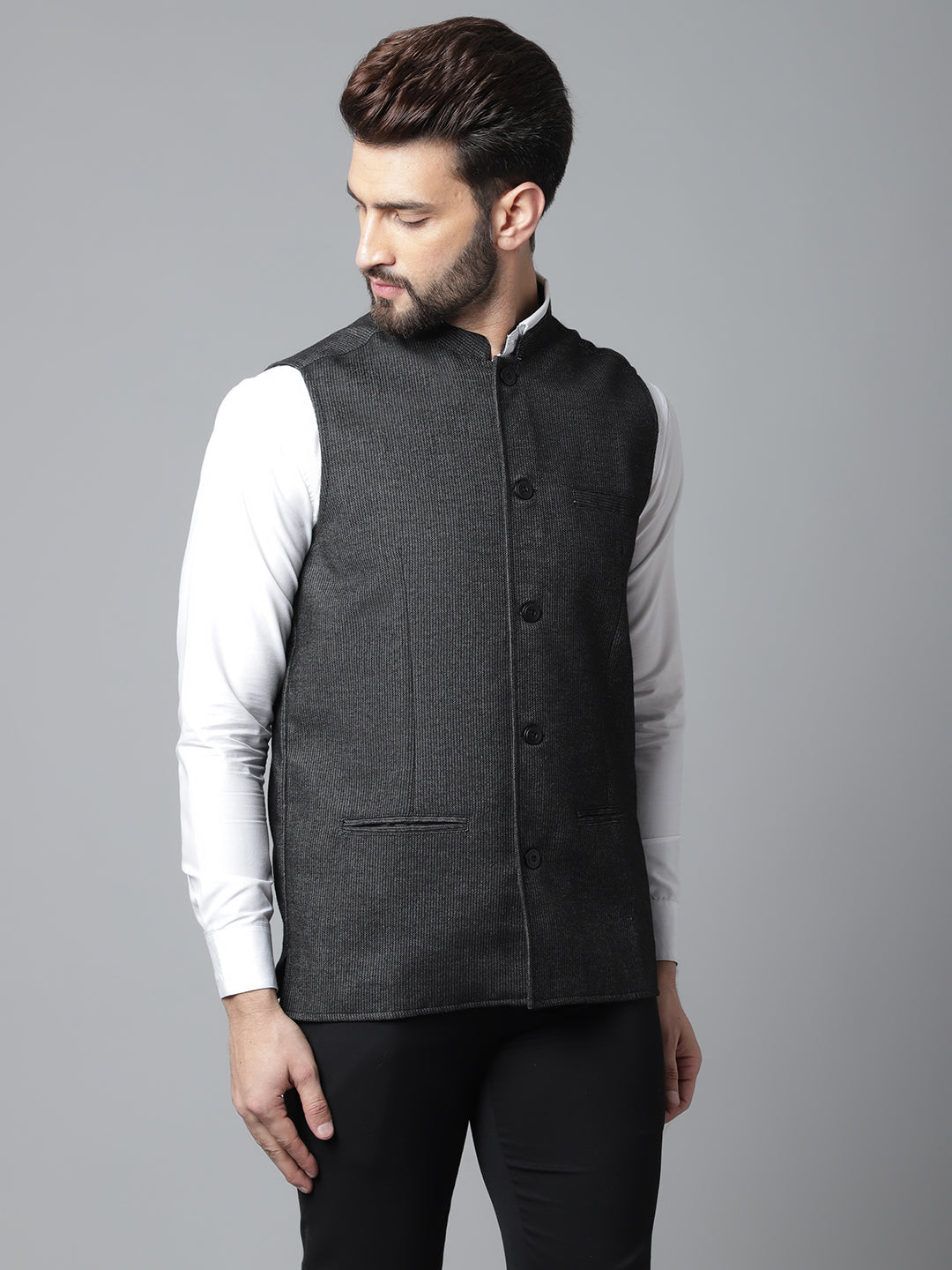 Even Apparels Men's Black Pure Wool Nehru Jacket