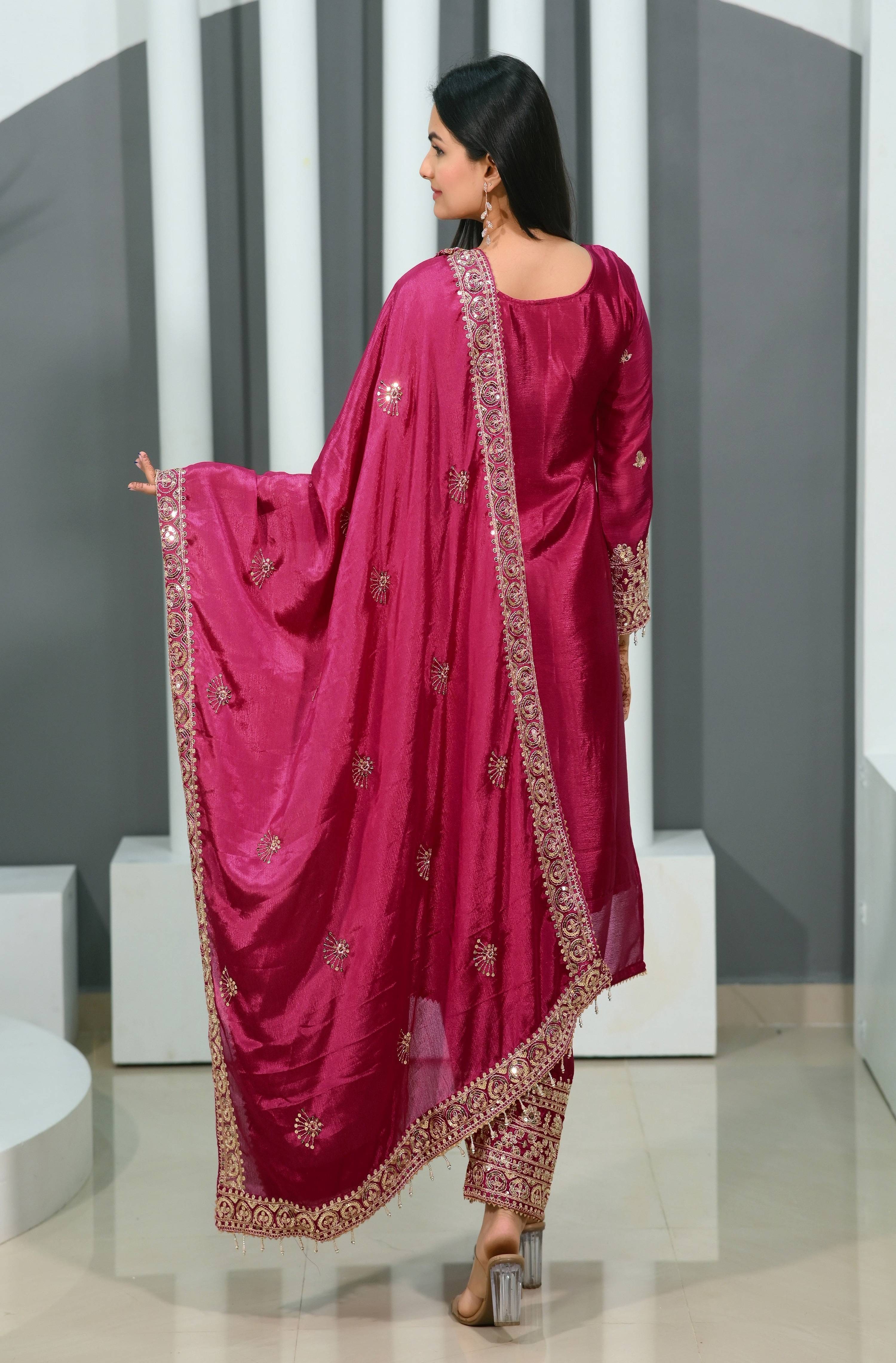 Teeya Creation Rani Color Chinon Silk Heavy Embroidery Work Fully Stitched Salwar Suit - Distacart