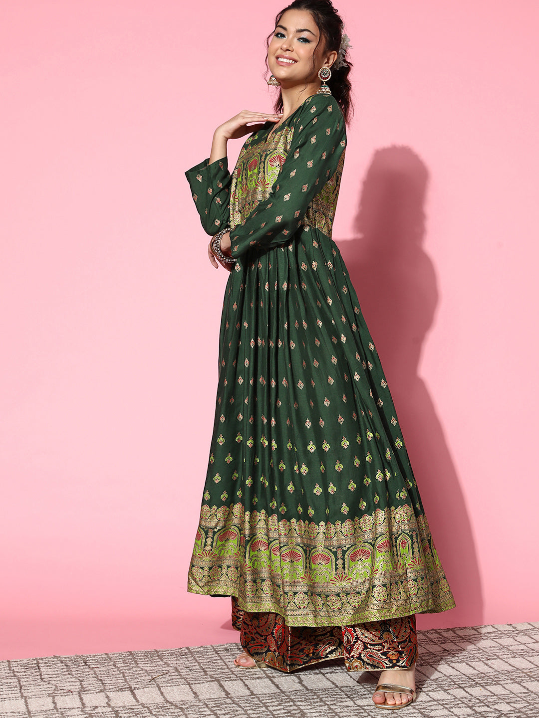 InWeave Women's Bottle Green Gold Border Anarkali Kurta - Distacart