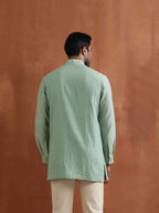 trueBrowns Men's Green Cotton Dobby Front Open Short Kurta