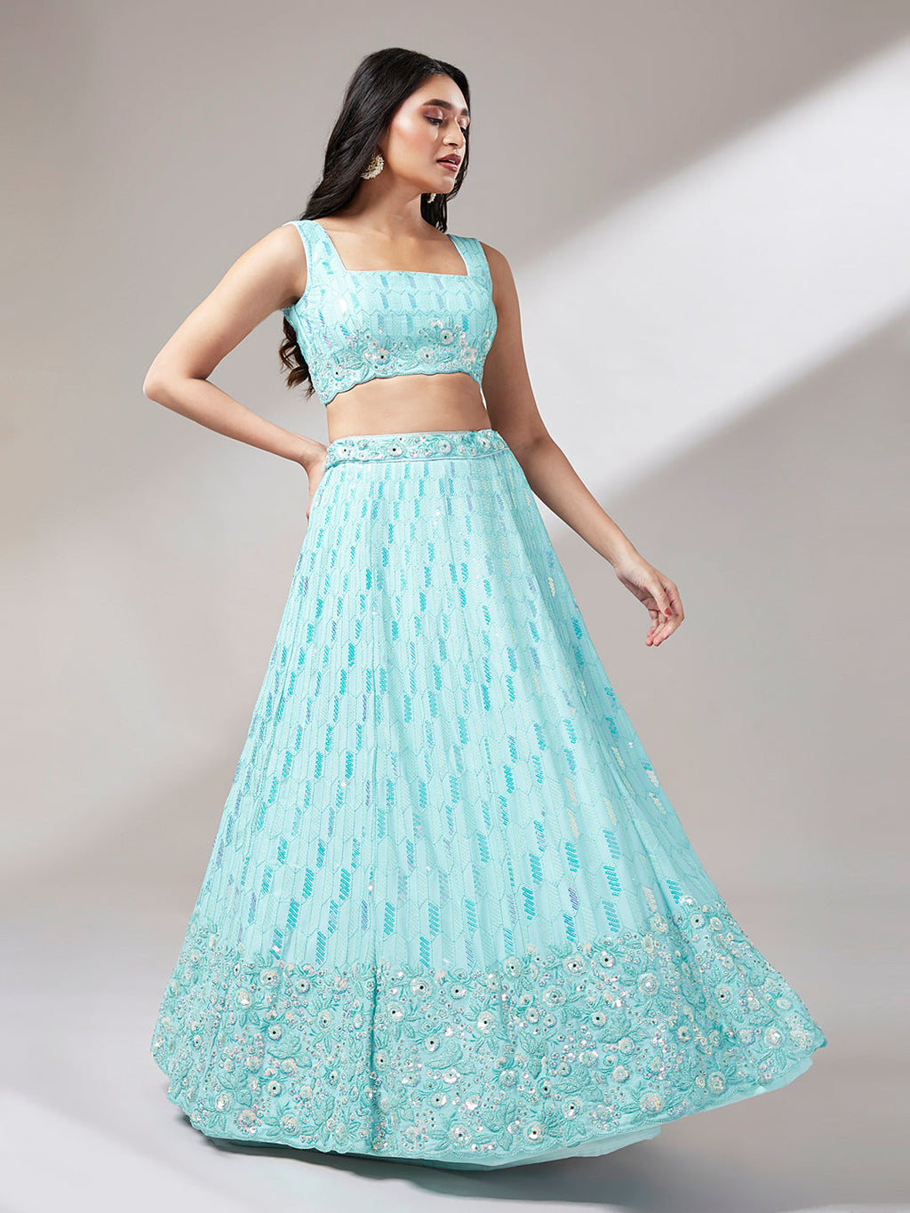 House of Panchhi Turquoise Blue Georgette Sequinse Embroidery Lehenga Choli & Dupatta