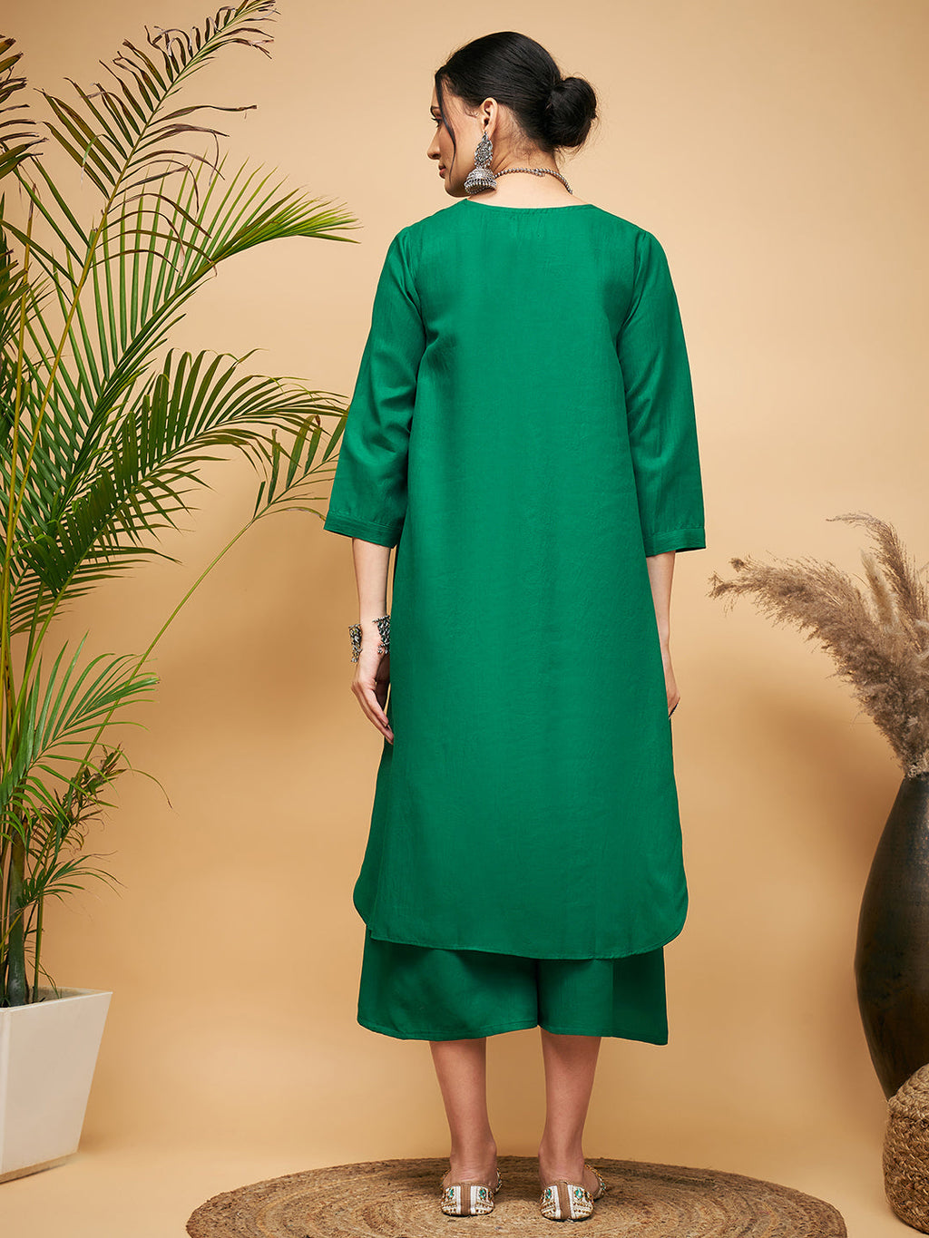 InWeave Women's Forest Green Flared Kurta Palazzo Set