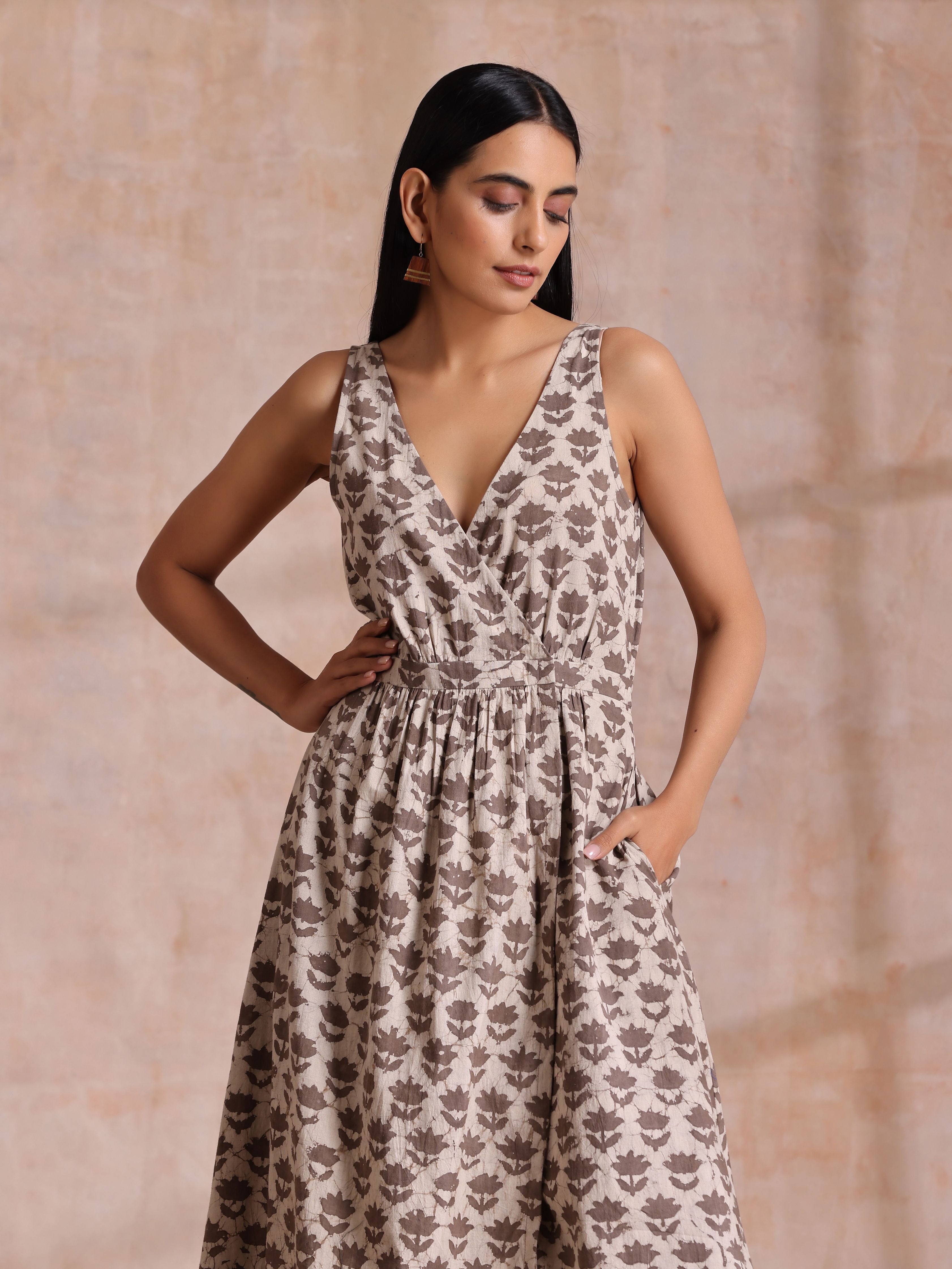 trueBrowns Clay Dabu Buta Print Cotton Sleeveless Wrap Dress - Distacart