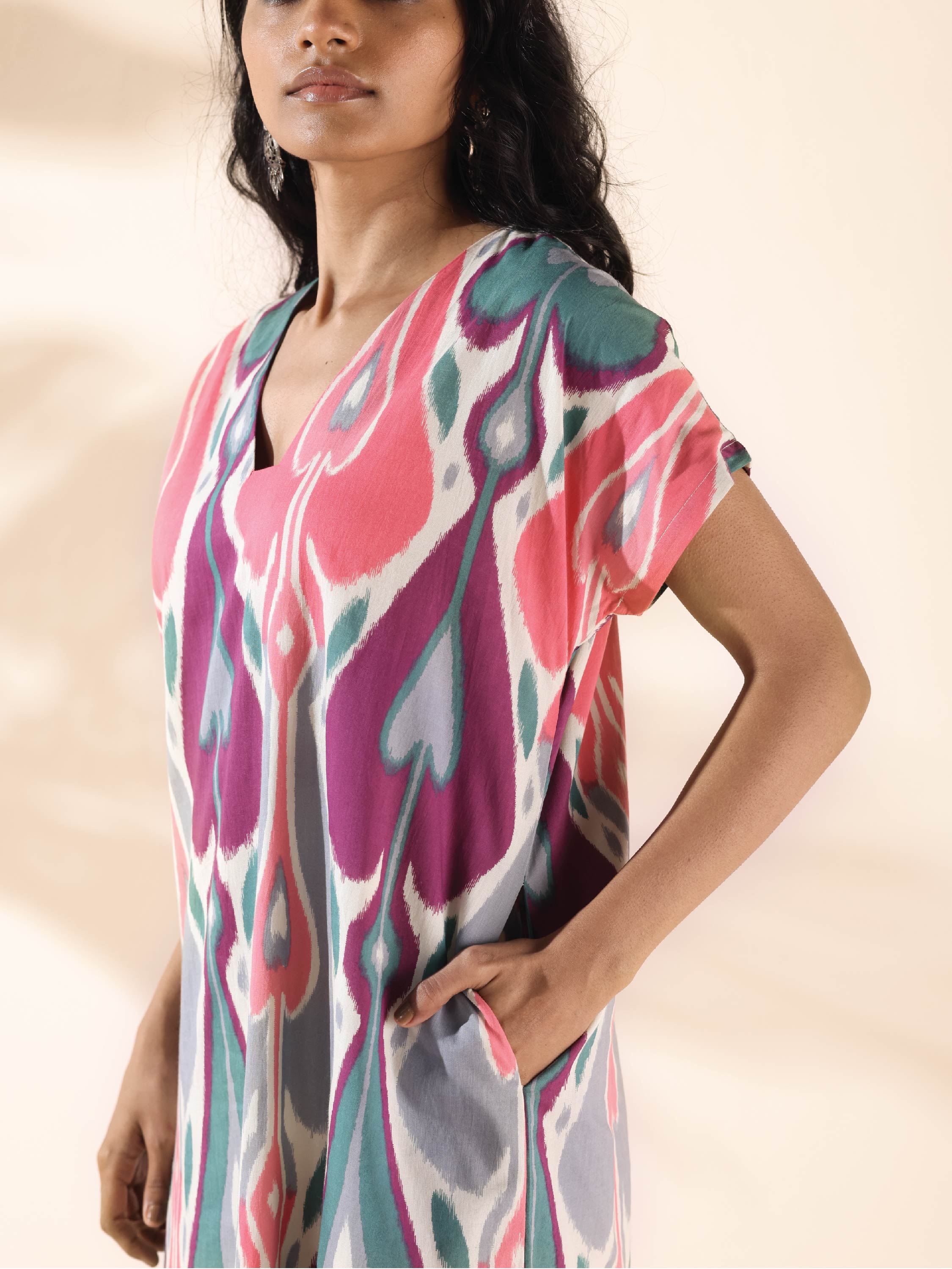 trueBrowns Green Cotton Ikat Slit Dress - Distacart
