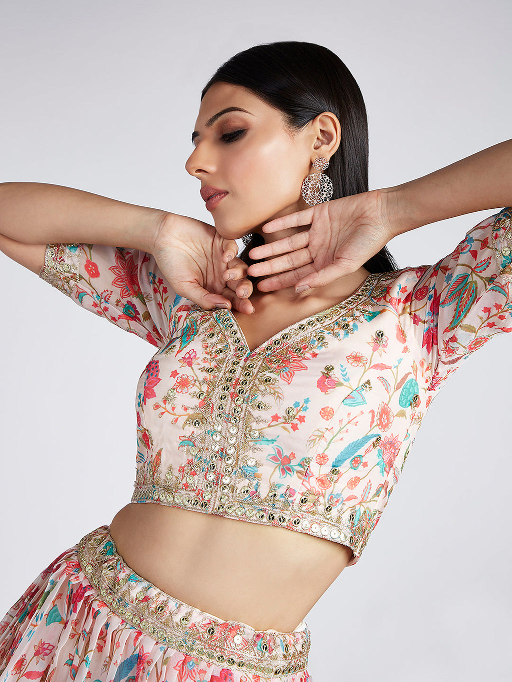 House of Panchhi Cream Colour Organza Floral Design Digital Print Lehenga Choli & Dupatta