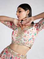 House of Panchhi Cream Colour Organza Floral Design Digital Print Lehenga Choli & Dupatta