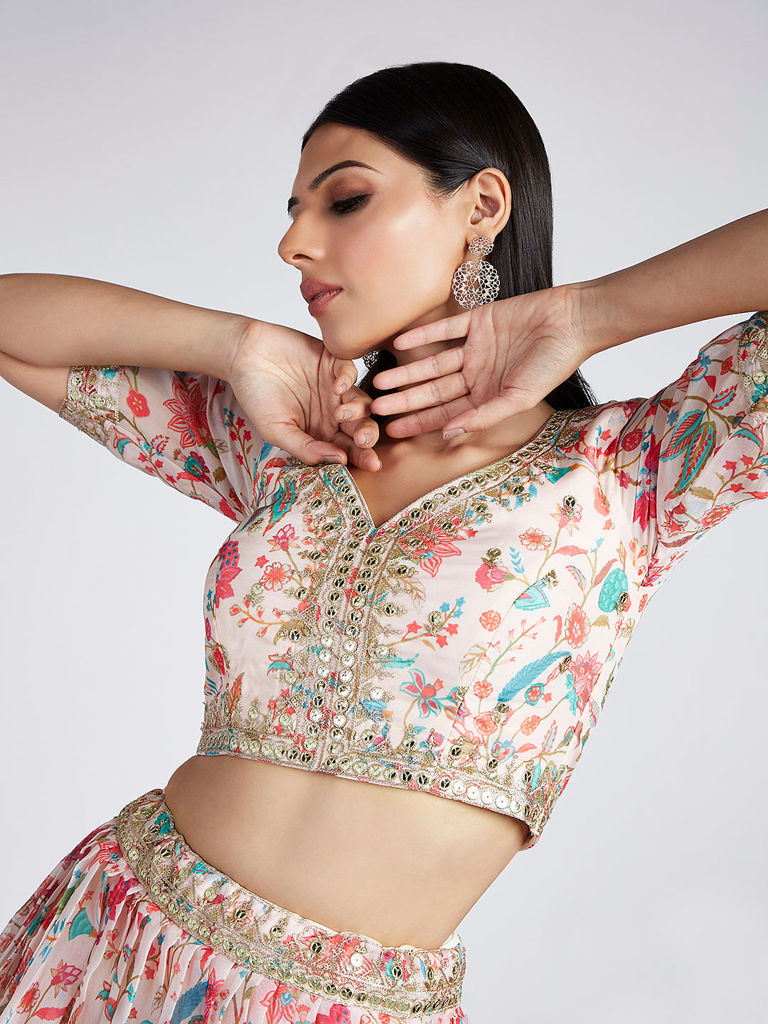 House of Panchhi Cream Colour Organza Floral Design Digital Print Lehenga Choli & Dupatta