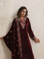 trueBrowns Maroon Velvet Floral Embroidered Kurta Pant Dupatta Set - Distacart