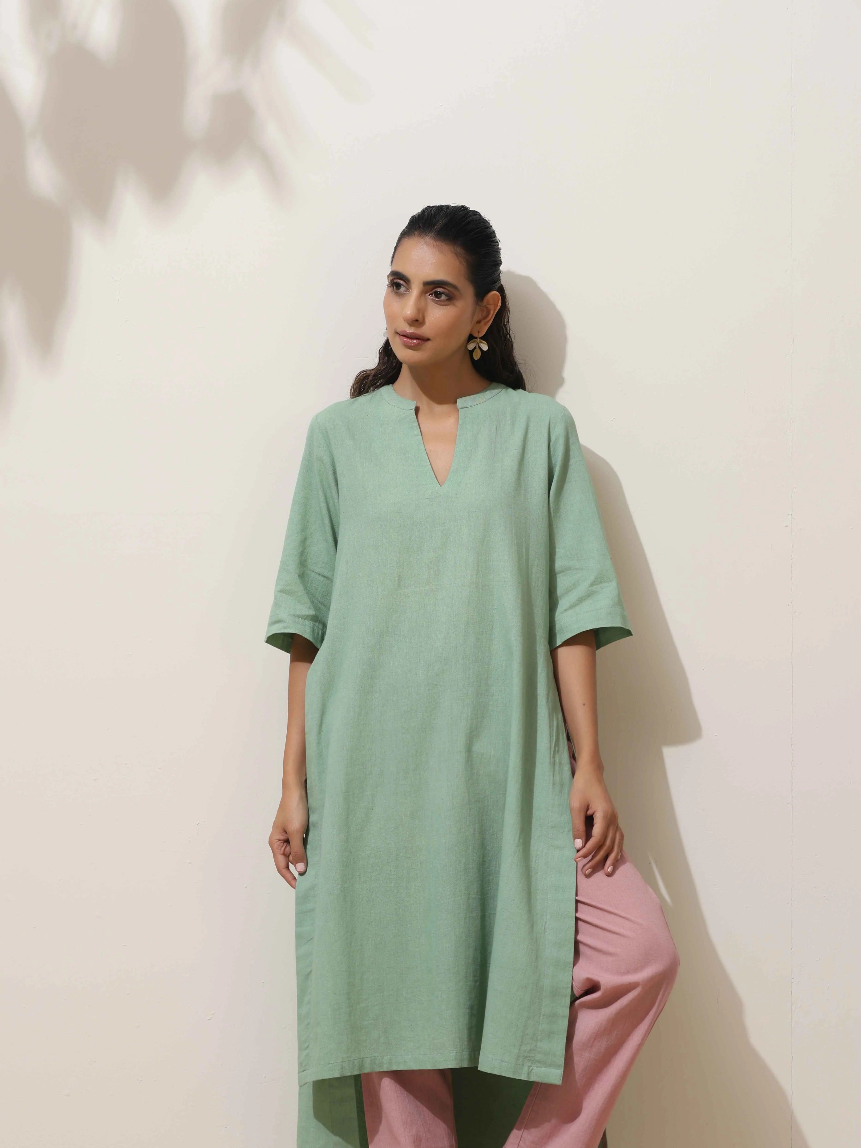trueBrowns Mint Green Cotton Linen Kurta Pant Set - Distacart