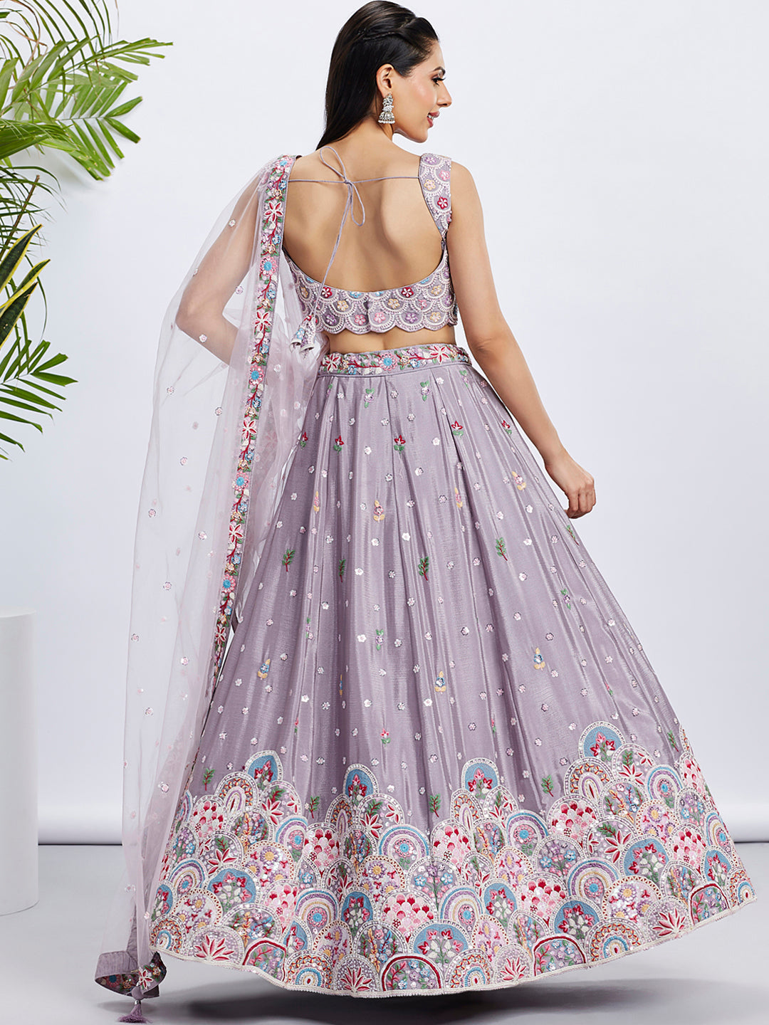 House of Panchhi Burgundy Pure Georgette Sequins And Thread Embroidery Lehenga Choli & Dupatta