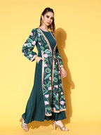 Ahalyaa Green Crepe Puff Sleeves Floral Printed Maxi Ethnic Dress with Waist Tie-Ups - Distacart