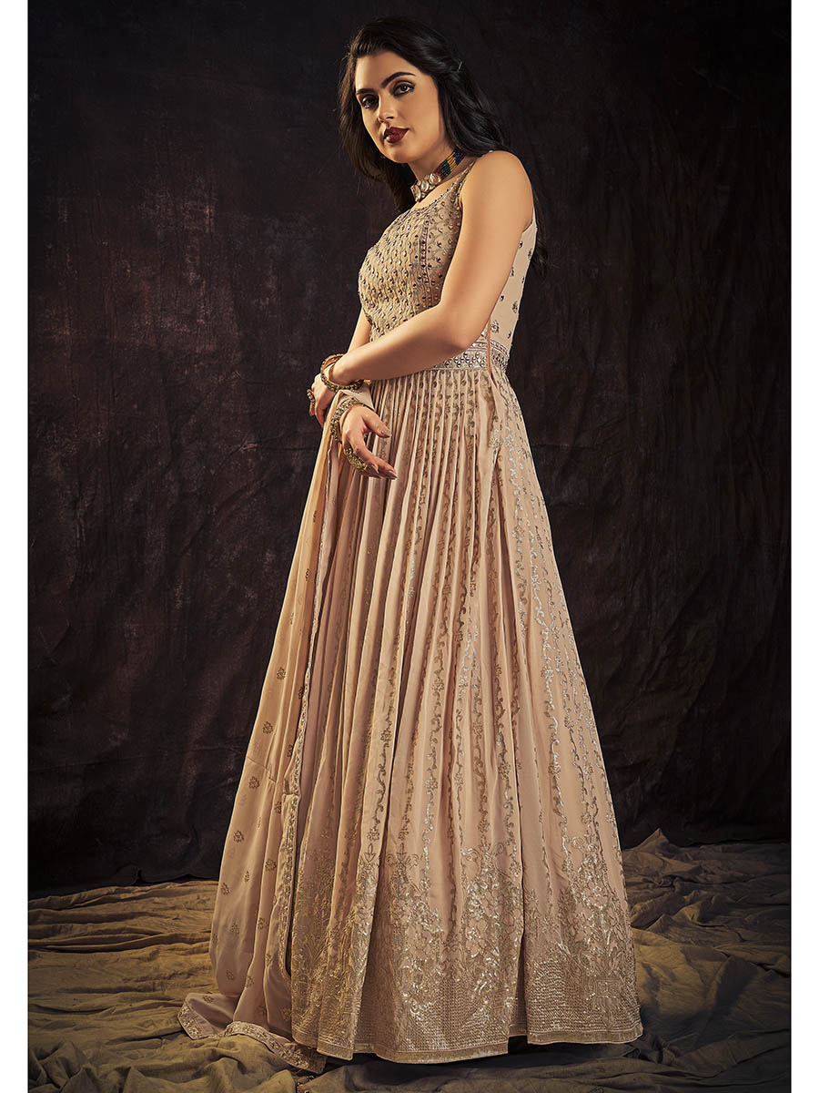 Myra Peach Real Georgette Designer Gown Style Suit - Distacart