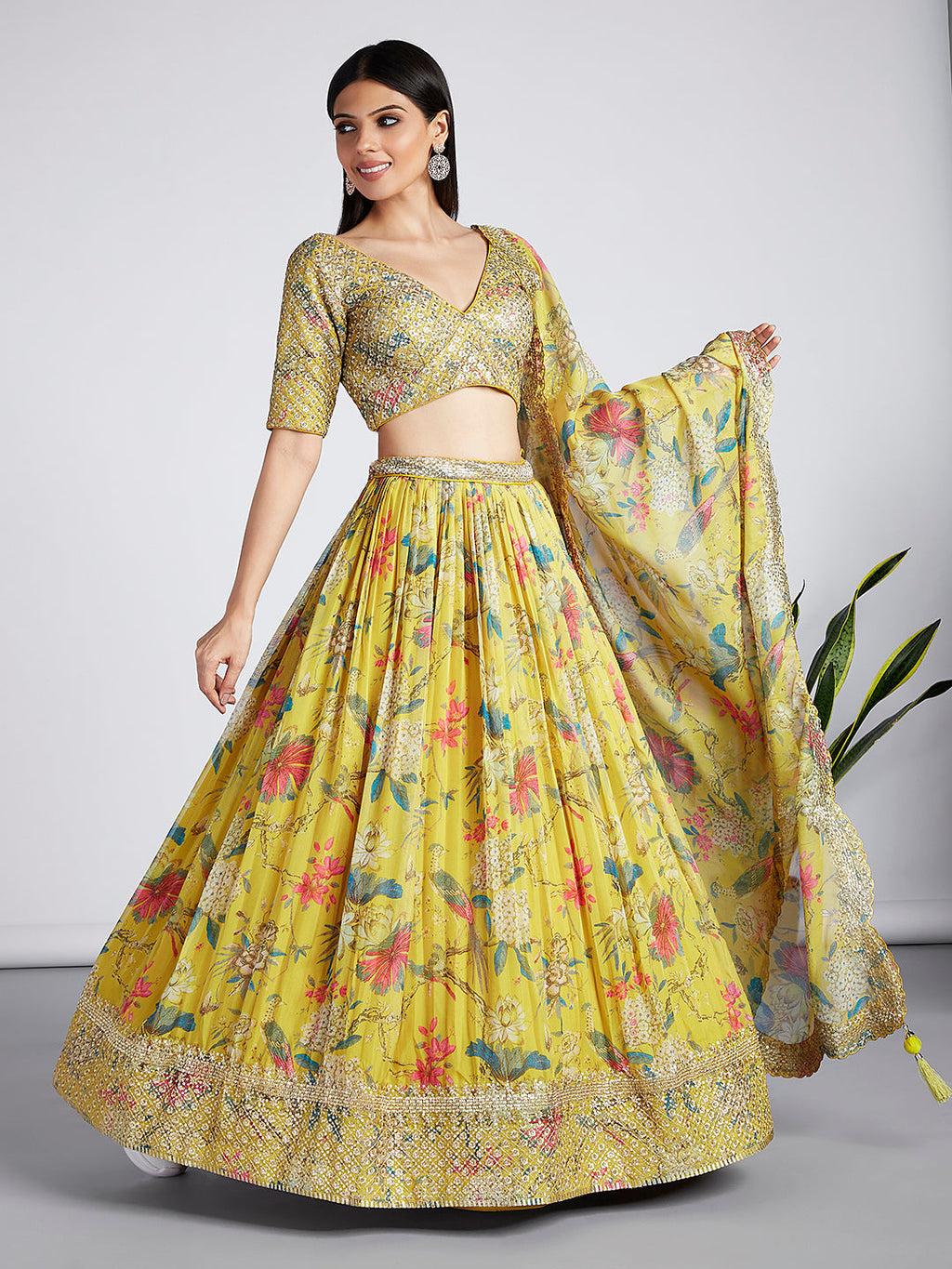 House of Panchhi Mustard Colour Organza Floral Design Digital Print Lehenga Choli & Dupatta