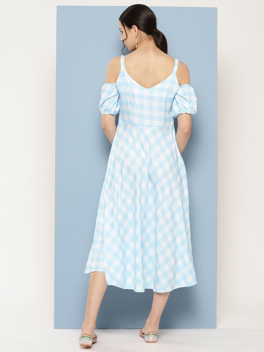 Ahalyaa Checked Cold-Shoulder Sleeves Midi Empire Ethnic Dress - Distacart