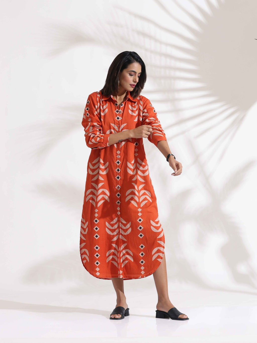 trueBrowns Orange Cotton Print Shirt Dress - Distacart