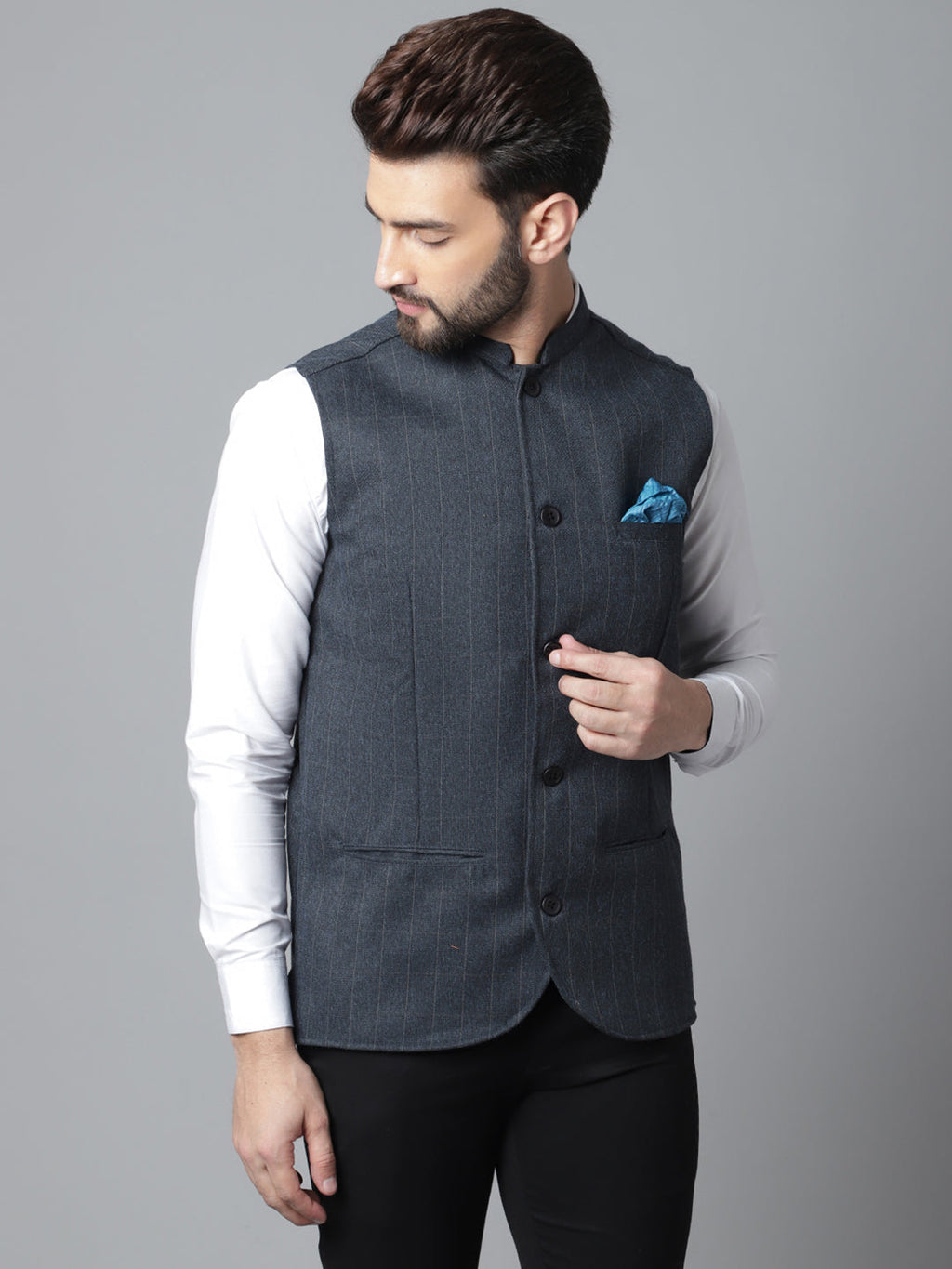 Even Apparels Men's Blue Nehru Jacket With Welt Pockets