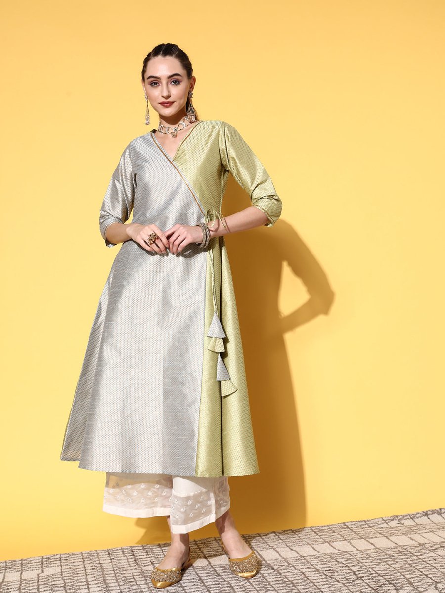 Ahalyaa Women Green Art Silk Fluid Tie-Up Kurta
