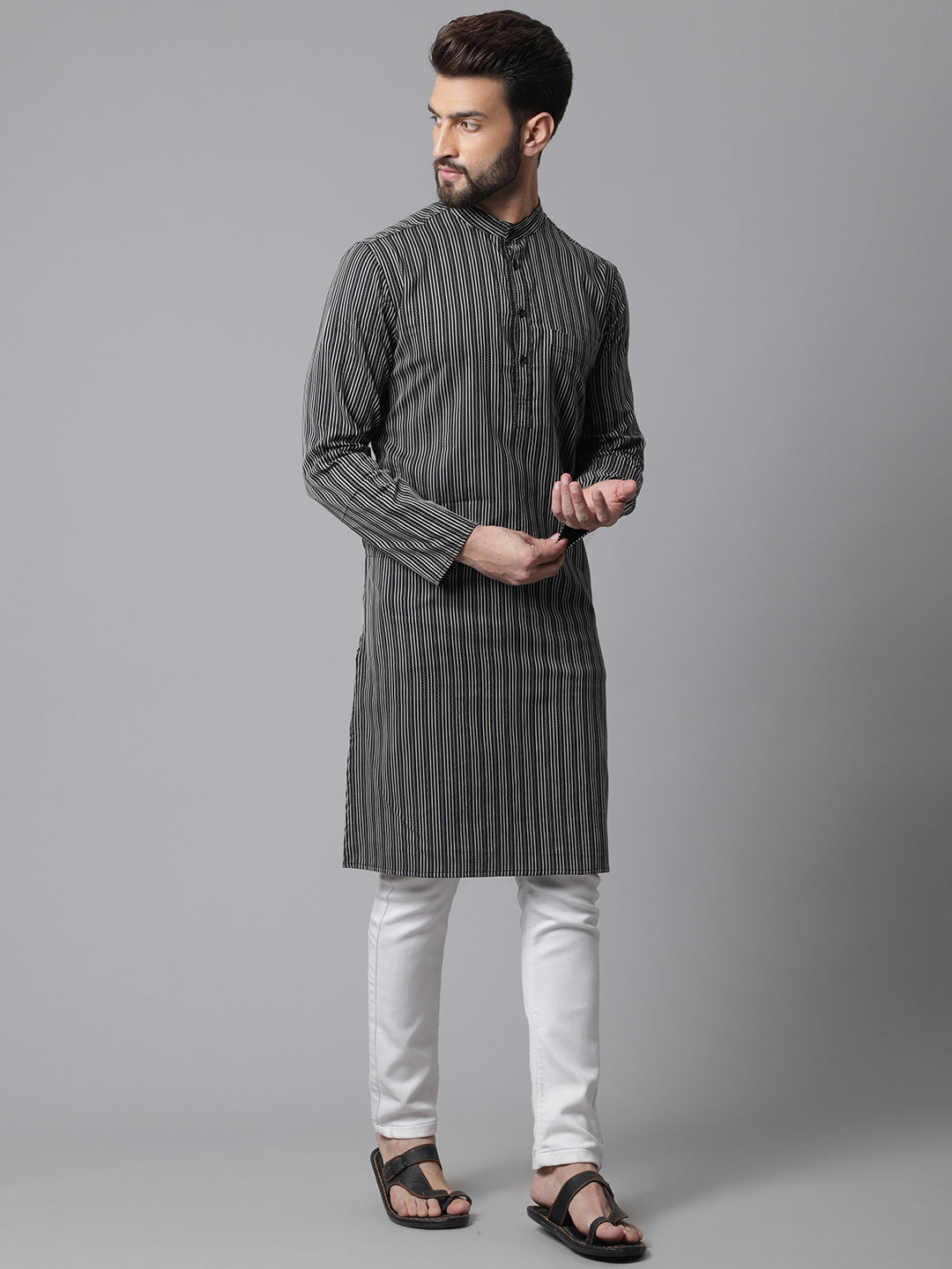 Even Apparels Black Pure Cotton Kurta With Band Collar - Distacart