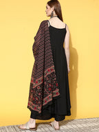 InWeave Women's Strappy Set With Black Pink Ethnic Print Cotton Dupatta