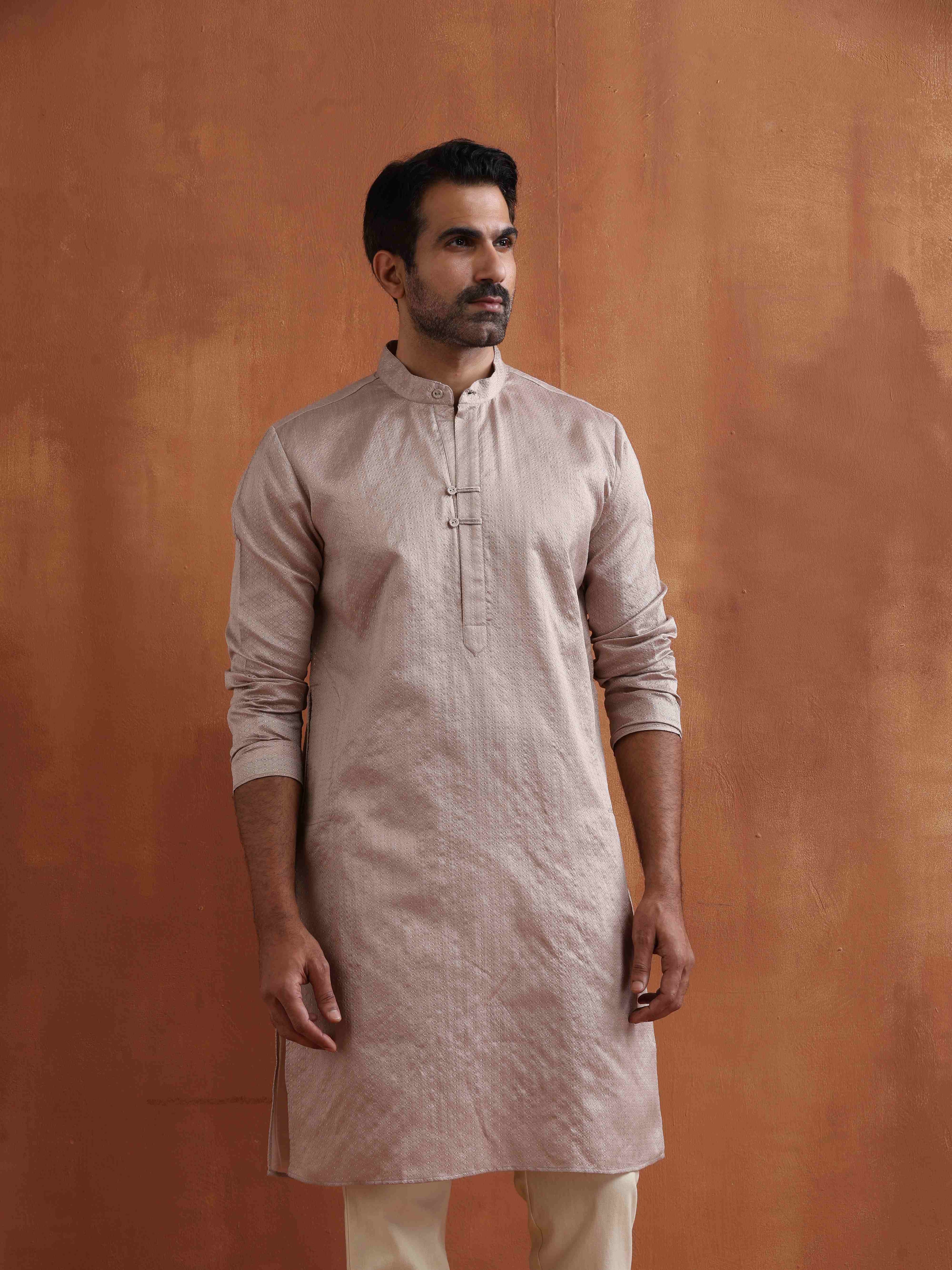 trueBrowns Men's Beige Sequin Chanderi Kurta