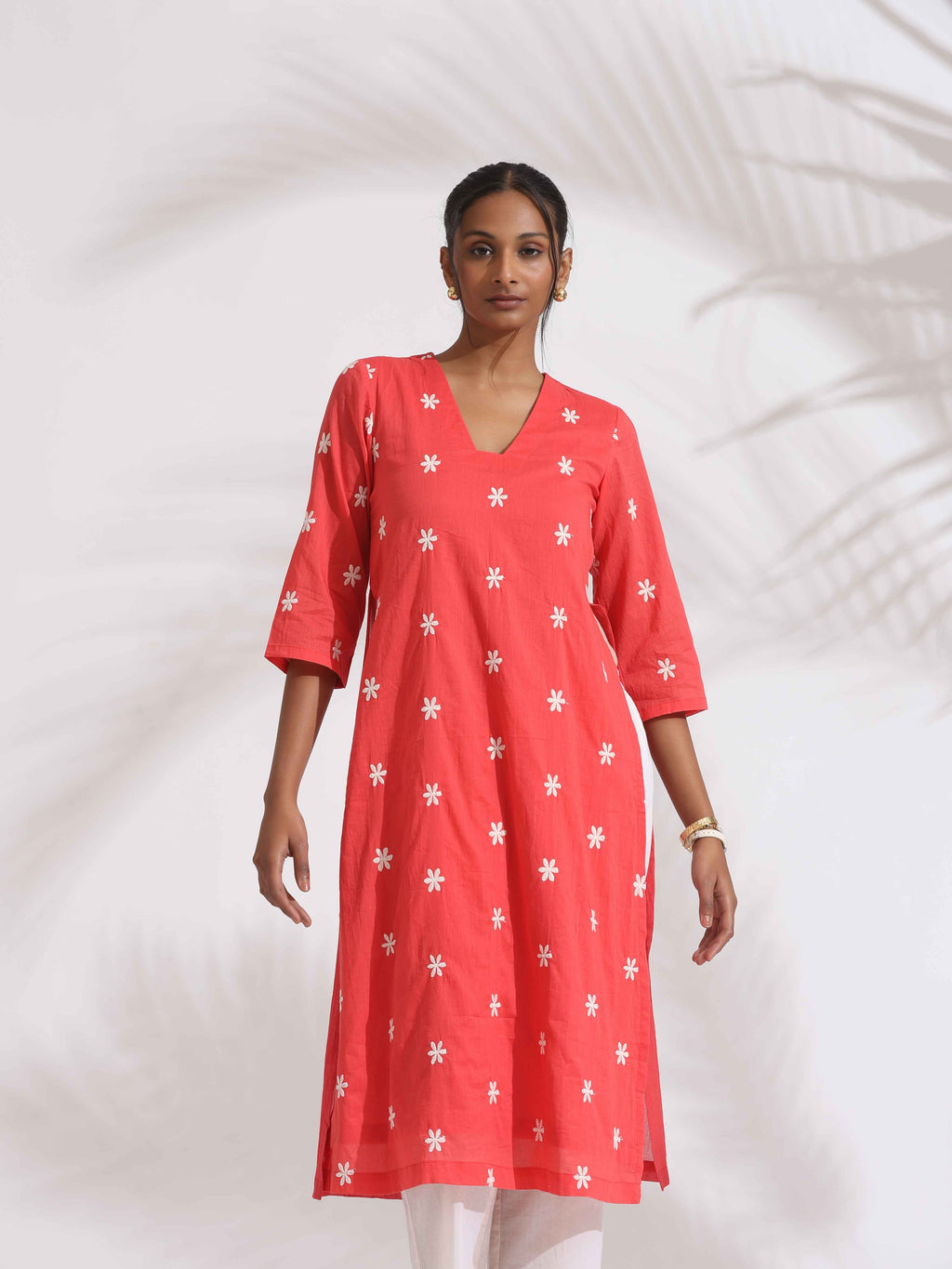 trueBrowns Orange Cotton Floral Embroidered Kurta Set - Distacart