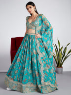 House of Panchhi Sea Green Colour Organza Floral Design Digital Print Lehenga Choli & Dupatta