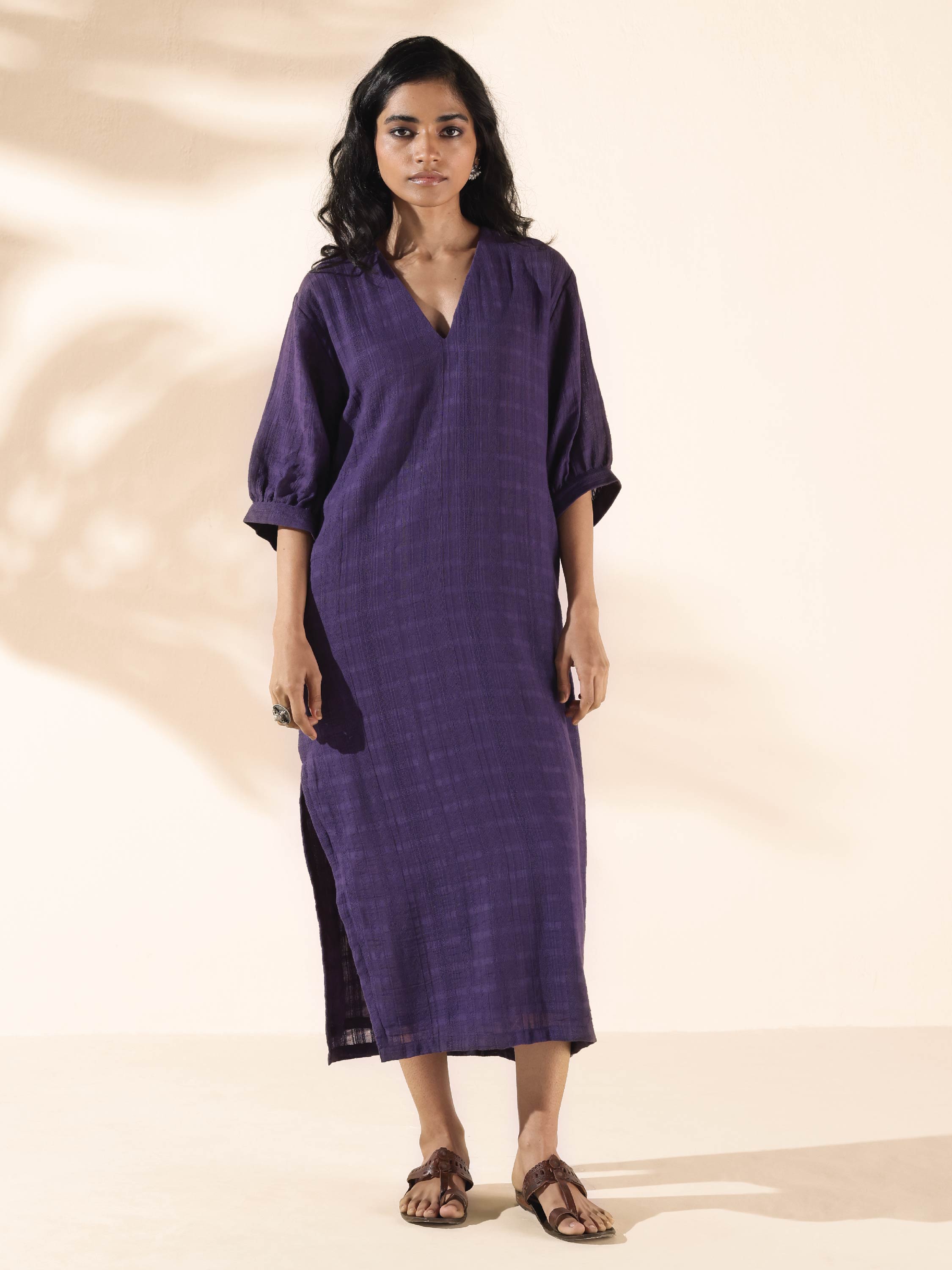 trueBrowns Purple Cotton Dobby Slit Dress - Distacart