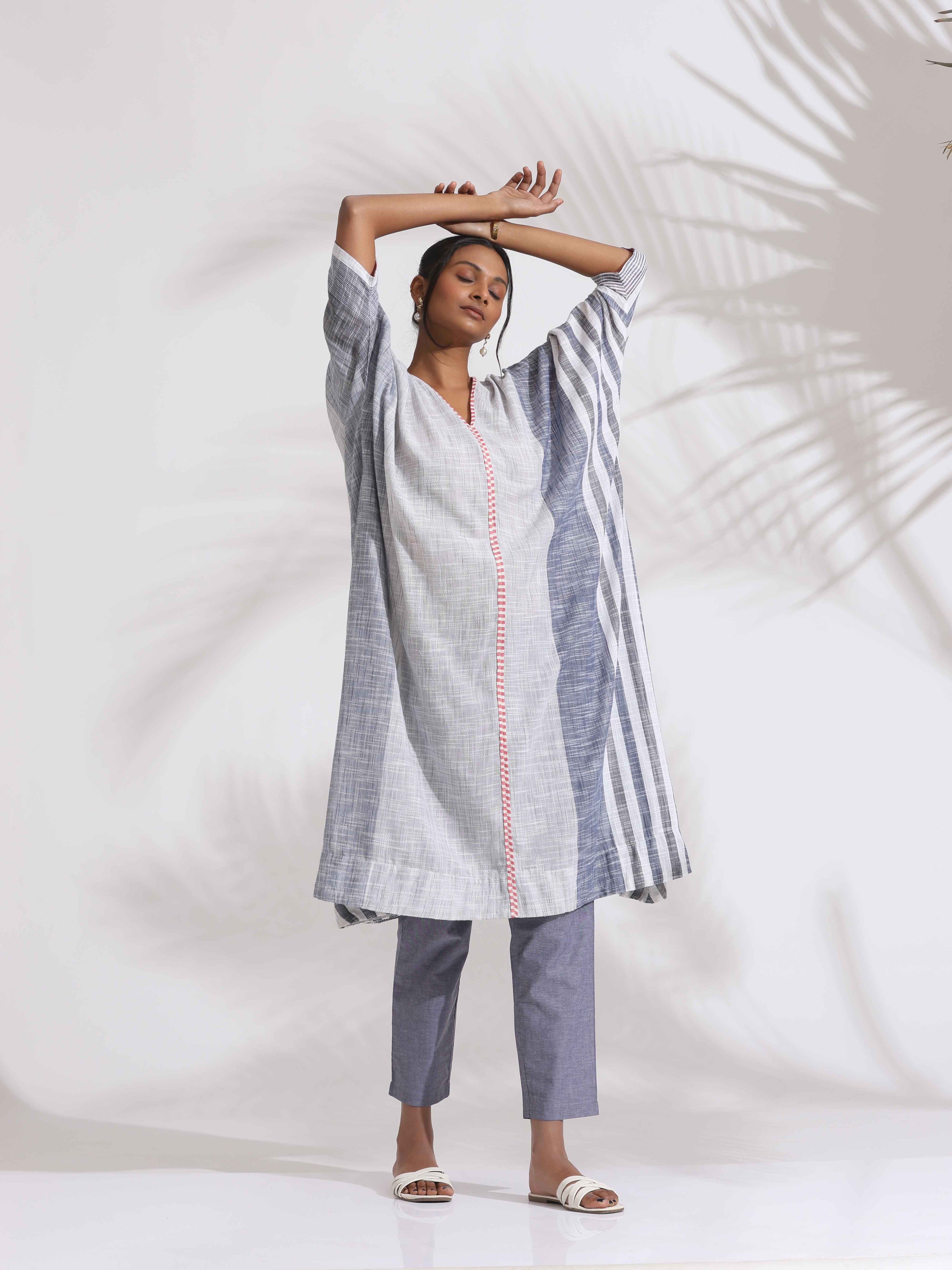 trueBrowns Off-White Cotton Multi Stripe Flared Kurta Set - Distacart
