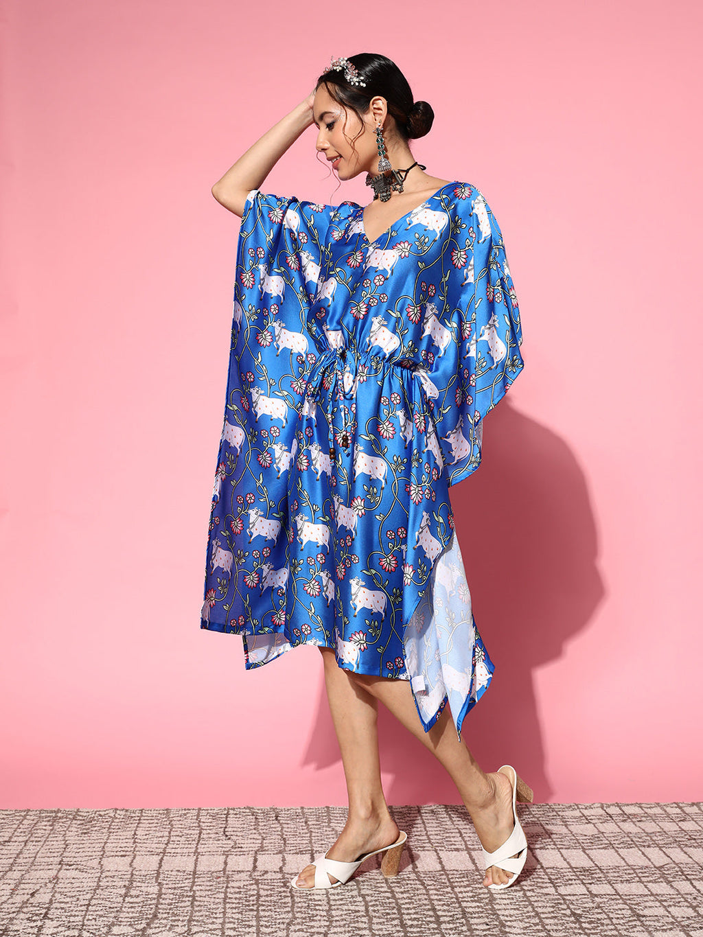 InWeave Women's Ink Blue Indian Bull Print Kaftan - Distacart