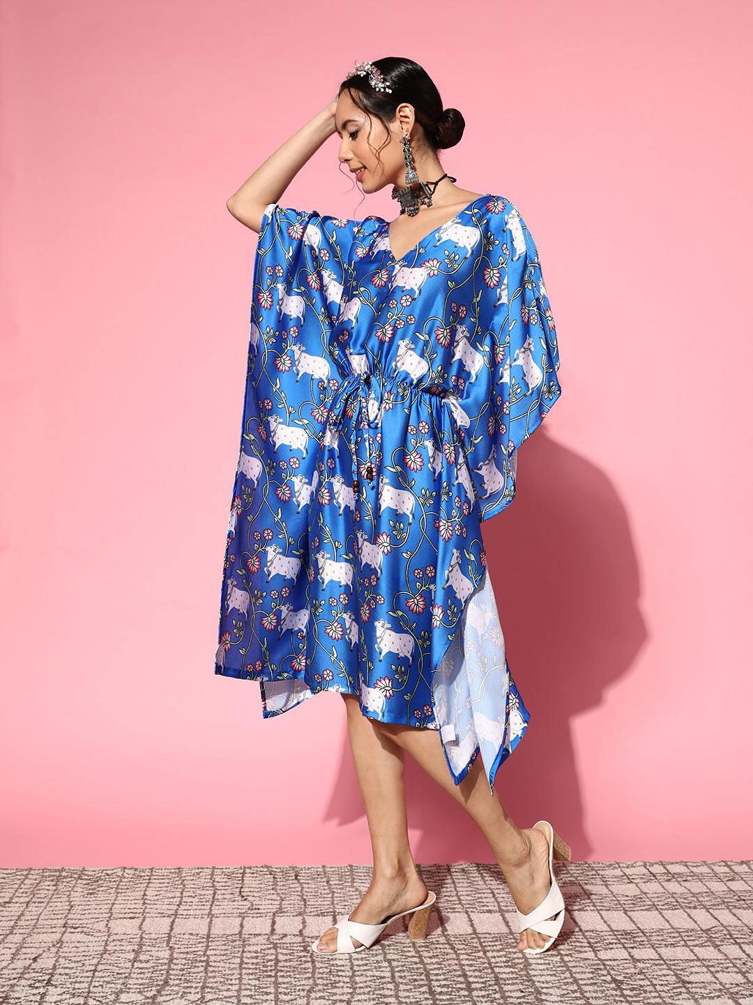 InWeave Women's Ink Blue Indian Bull Print Kaftan - Distacart