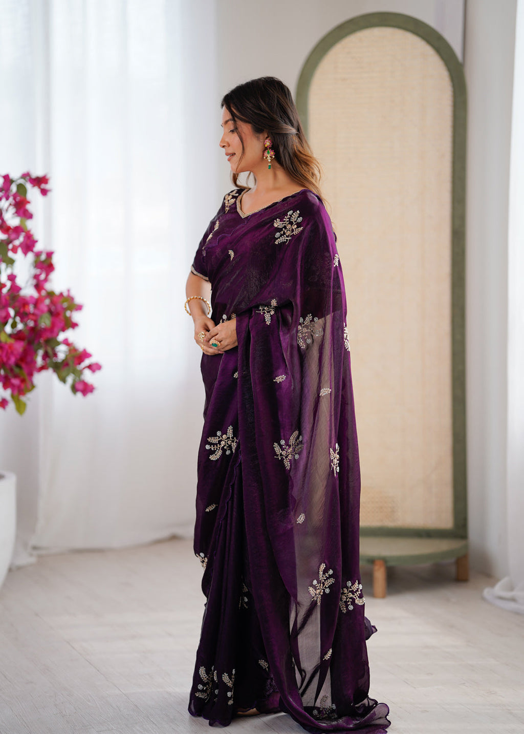Evanik Designer Heavy Fendy Satin With Beads Embroidered Work Saree With Unstitched Blouse - Distacart