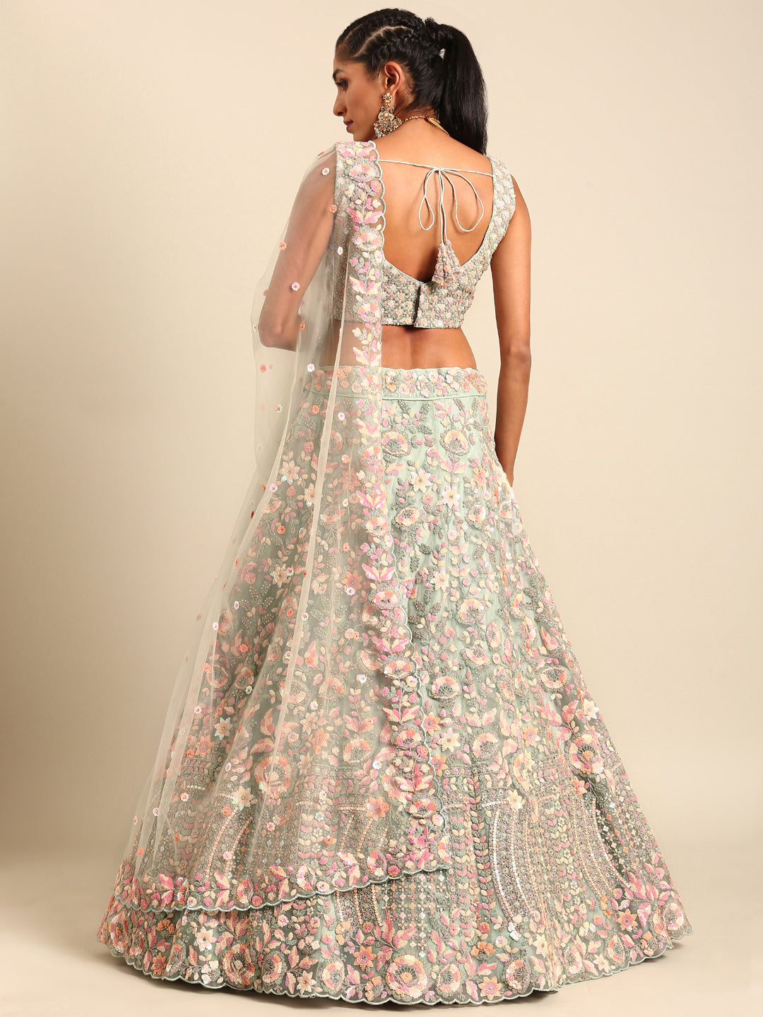 House of Panchhi Sea green Net Multi Sequins with heavy Zarkan embroidery Lehenga choli & Dupatta