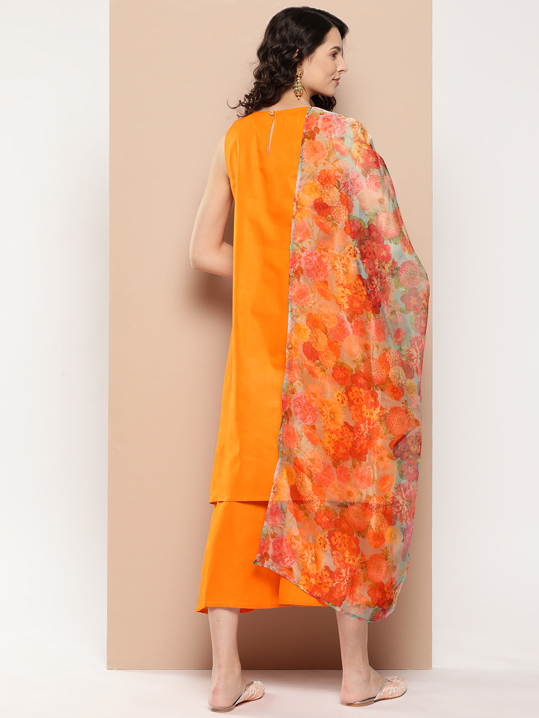 InWeave Women's Tangy Orange Short Pallazo Set W Green Or Dupatta
