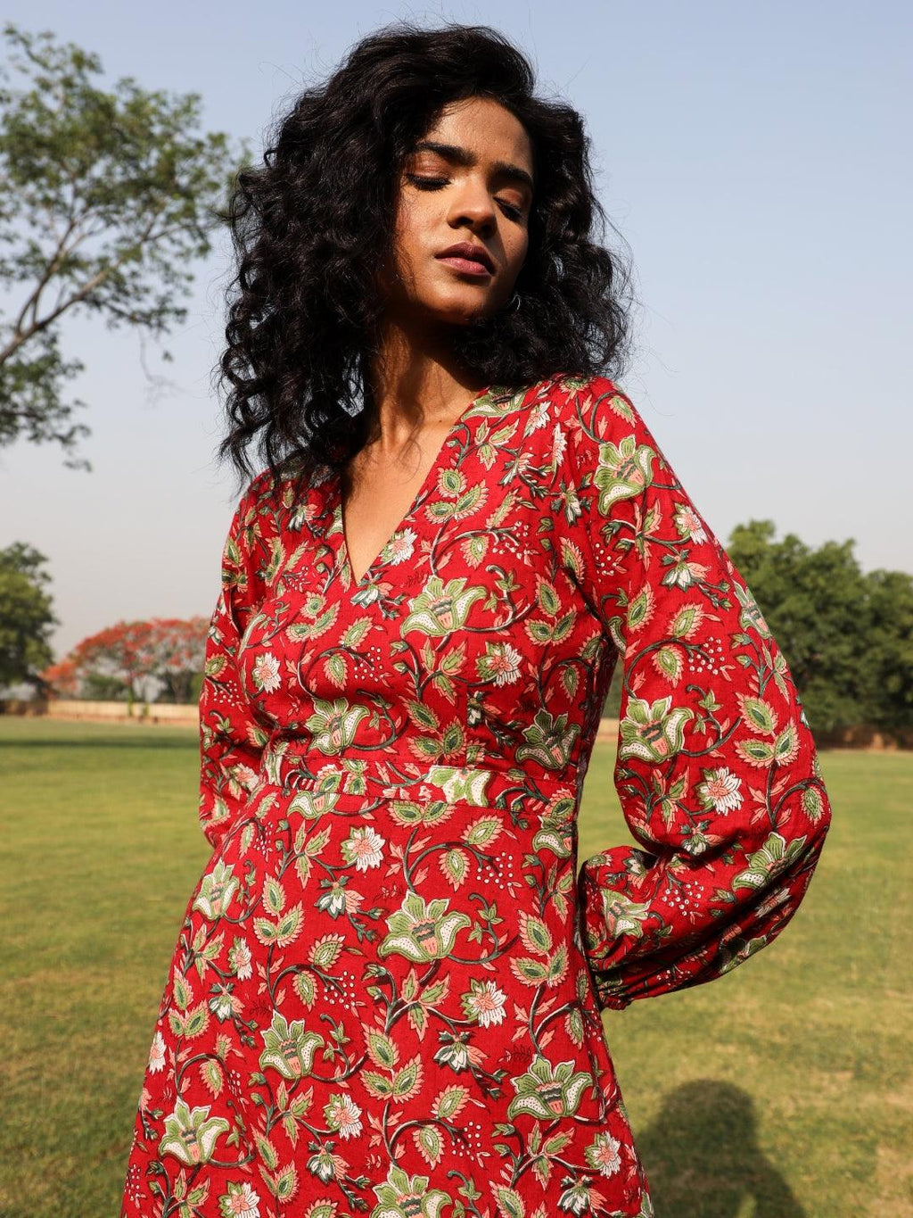 trueBrowns Red Cotton Block Print Backless Dress - Distacart