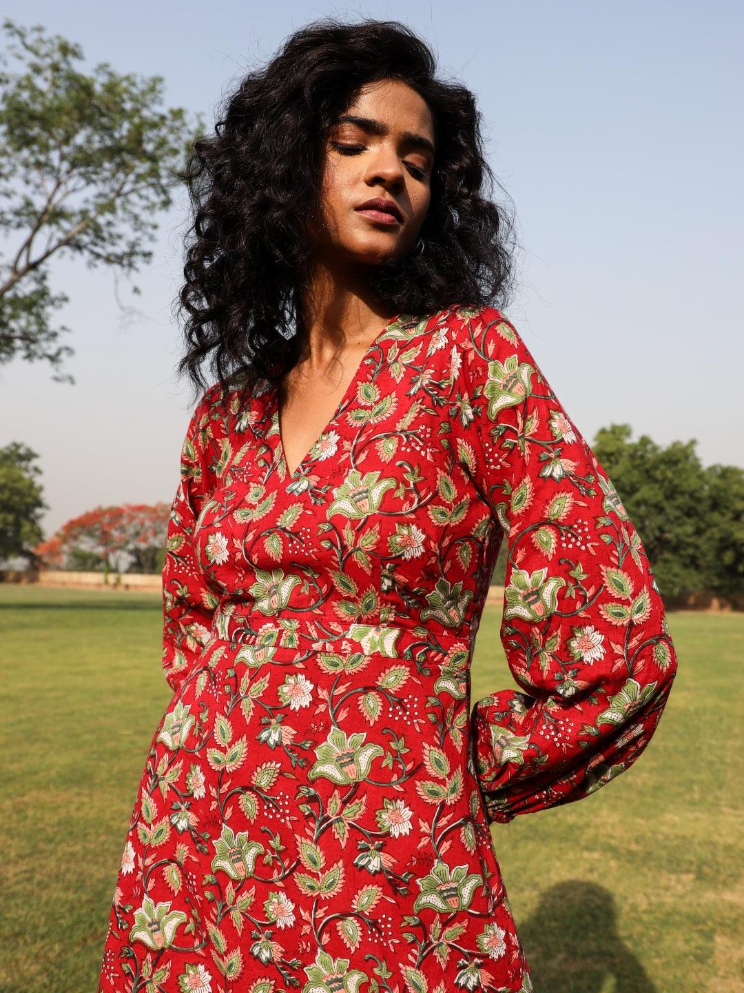 trueBrowns Red Cotton Block Print Backless Dress - Distacart