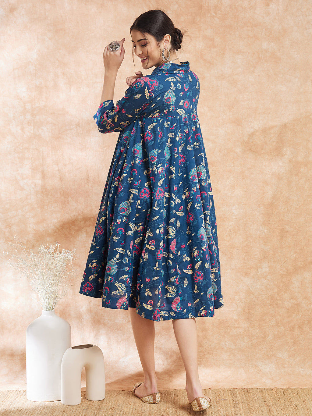 InWeave Women's Blue Pink Kalamkari Flared Dress - Distacart