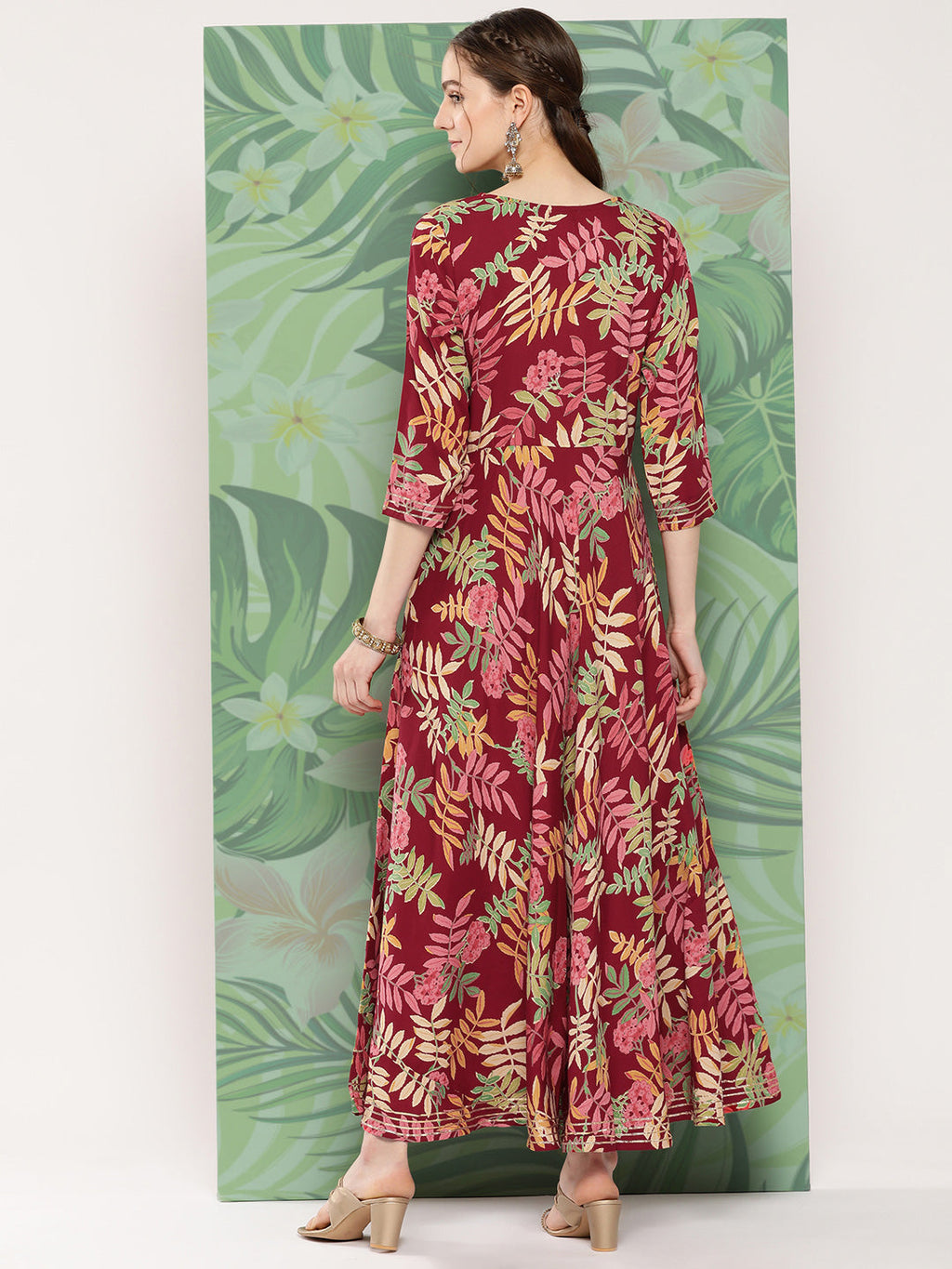 InWeave Women's Red Tropical Print Gota Long Dress - Distacart