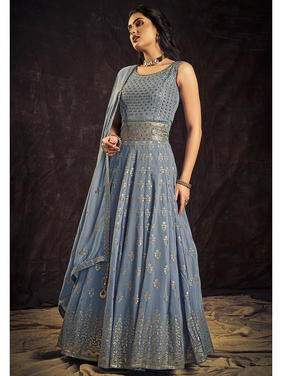 Myra Blue Real Georgette Designer Gown Style Suit - Distacart
