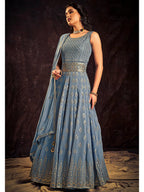 Myra Blue Real Georgette Designer Gown Style Suit - Distacart