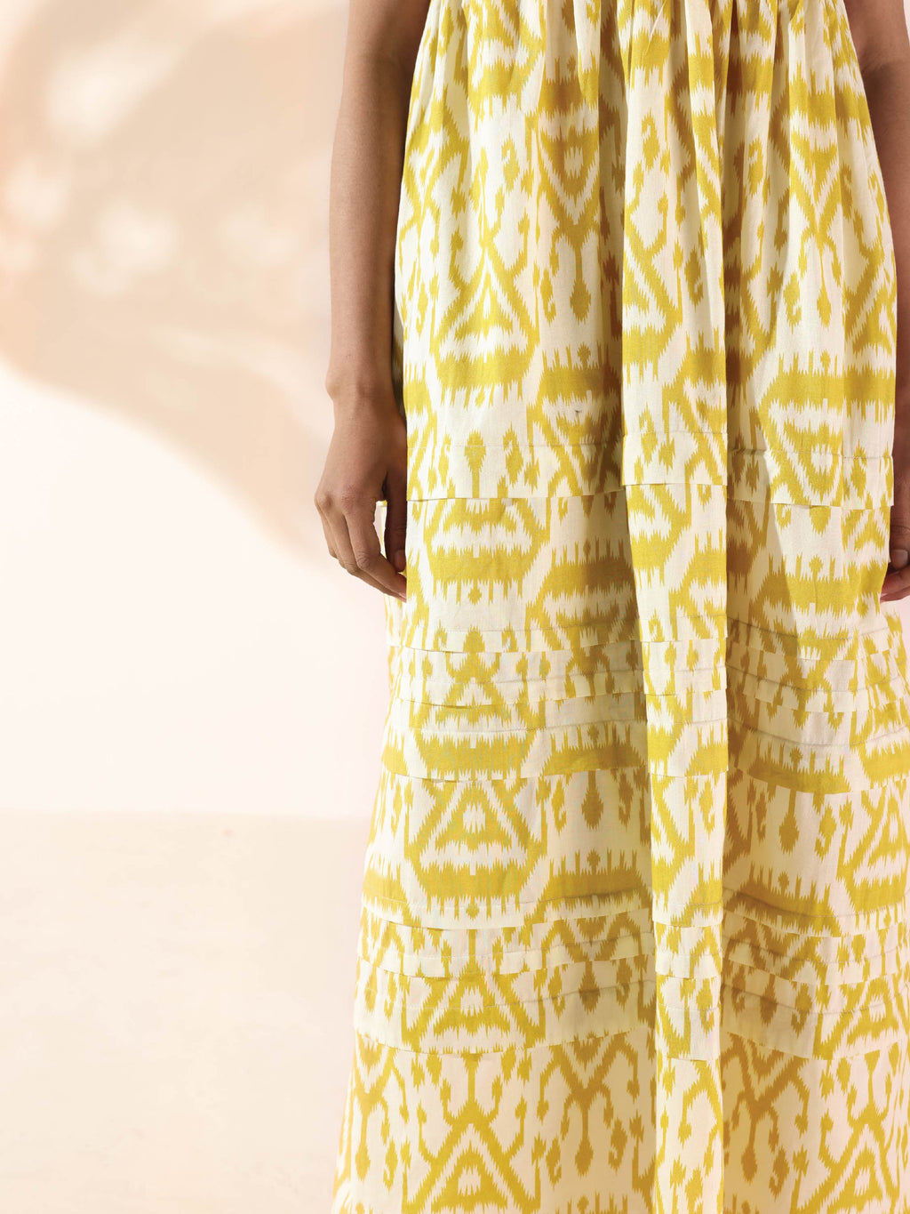 trueBrowns Lime Cotton Ikat Sleeveless Flared Dress - Distacart