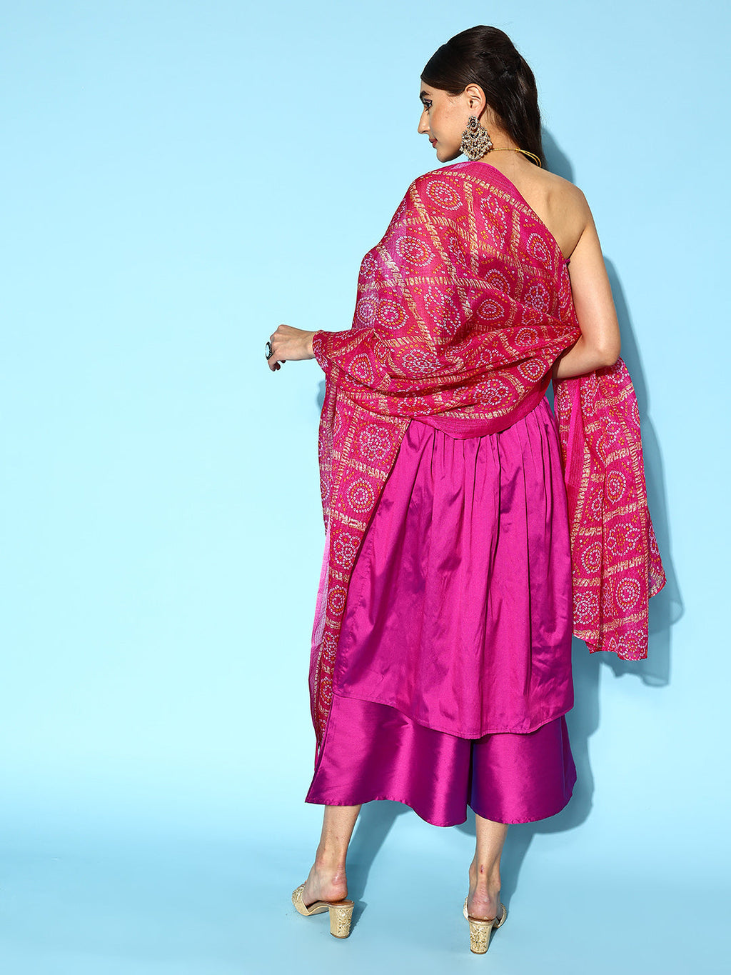 InWeave Purple Off Shoulder Silk Kurta Set -Pink Kota Bandhej Dupatta