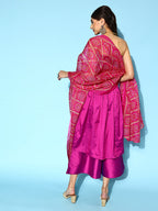 InWeave Purple Off Shoulder Silk Kurta Set -Pink Kota Bandhej Dupatta