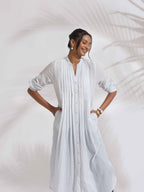 trueBrowns White Cotton Stripe Pleated Shirt Kurta Set - Distacart