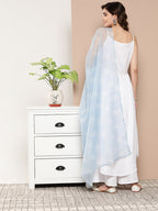 InWeave Women's Cream Strappy With Blue White Chintz Organza Dupatta