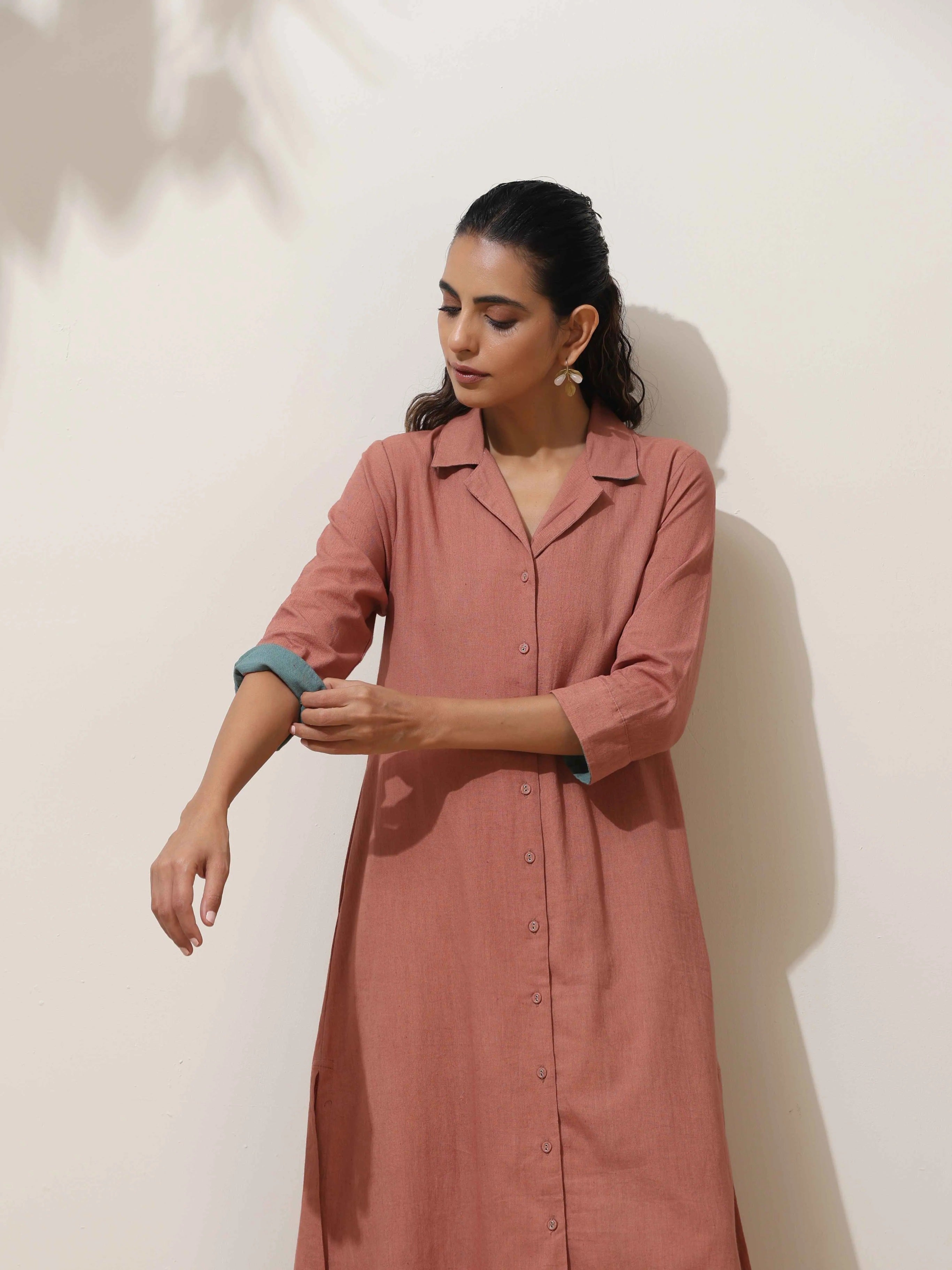 trueBrowns Peach Cotton Linen Kurta Pant Set - Distacart